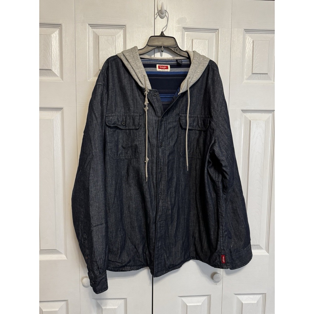 WRANGLER Men 2XL Dark Wash Blue Flannel Lined Hooded Denim Shirt